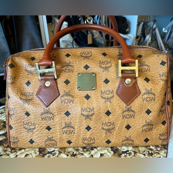 MCM Handbags - SOLD ⛔️ MCM Vintage Visetos Leather Cognac Monogram Boston Bag with COA